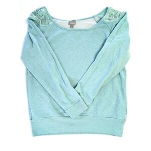 Vanity Mint Green Crochet Lace Sequin Shoulder Sweatshirt Large Raglan Sleeve